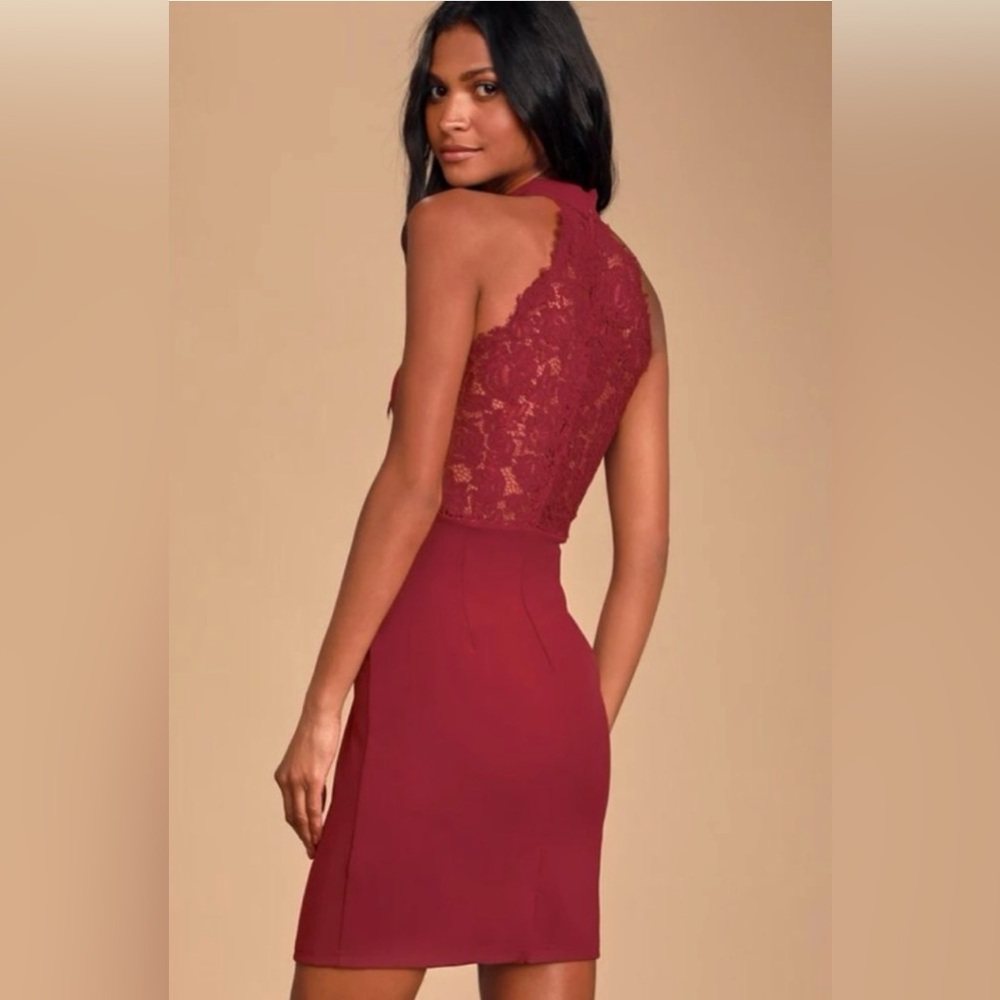 NWT Lulu’s Rayleigh Burgundy Lace Halter Bodycon Mini Dress - Large
